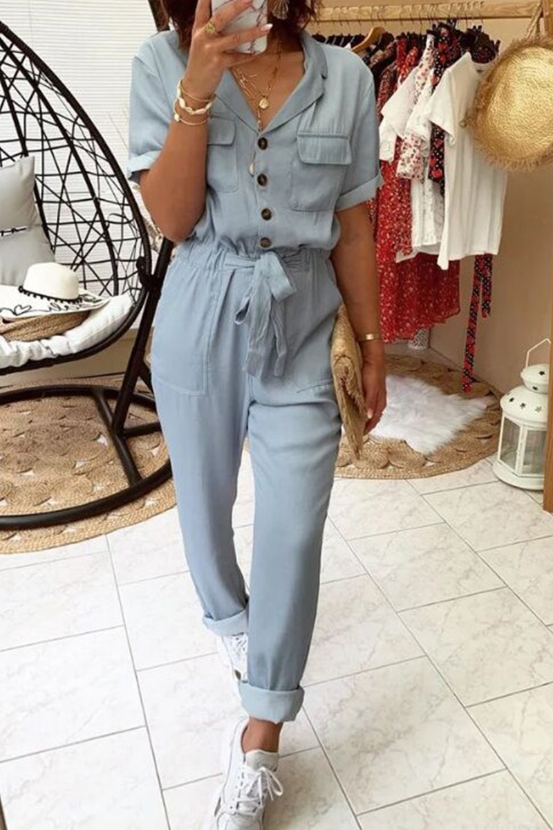 Fashion Solid Patchwork Turndown Collar Harlan Jumpsuits