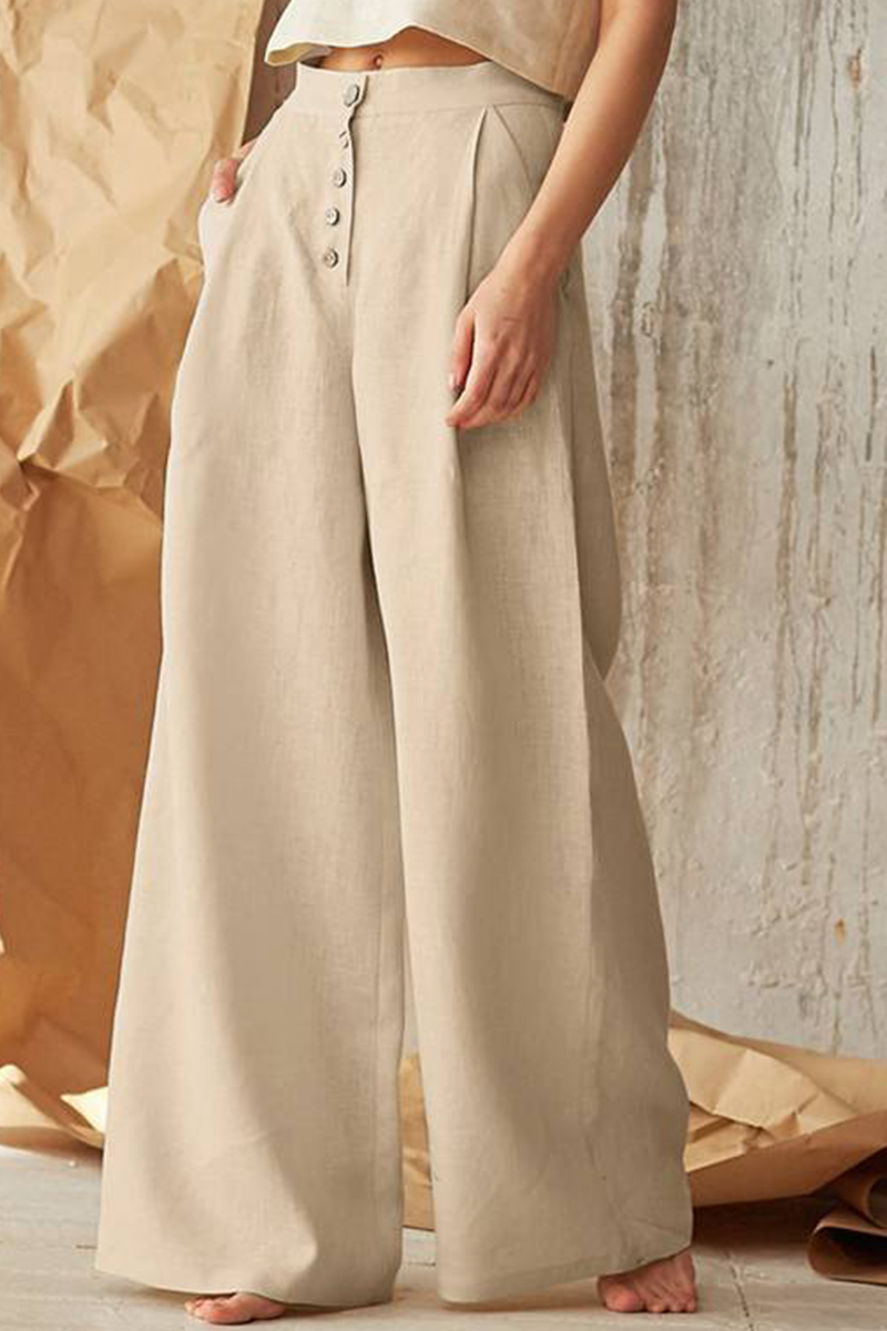 Casual Solid Split Joint Loose Mid Waist Wide Leg Solid Color Bottoms(3 colors)