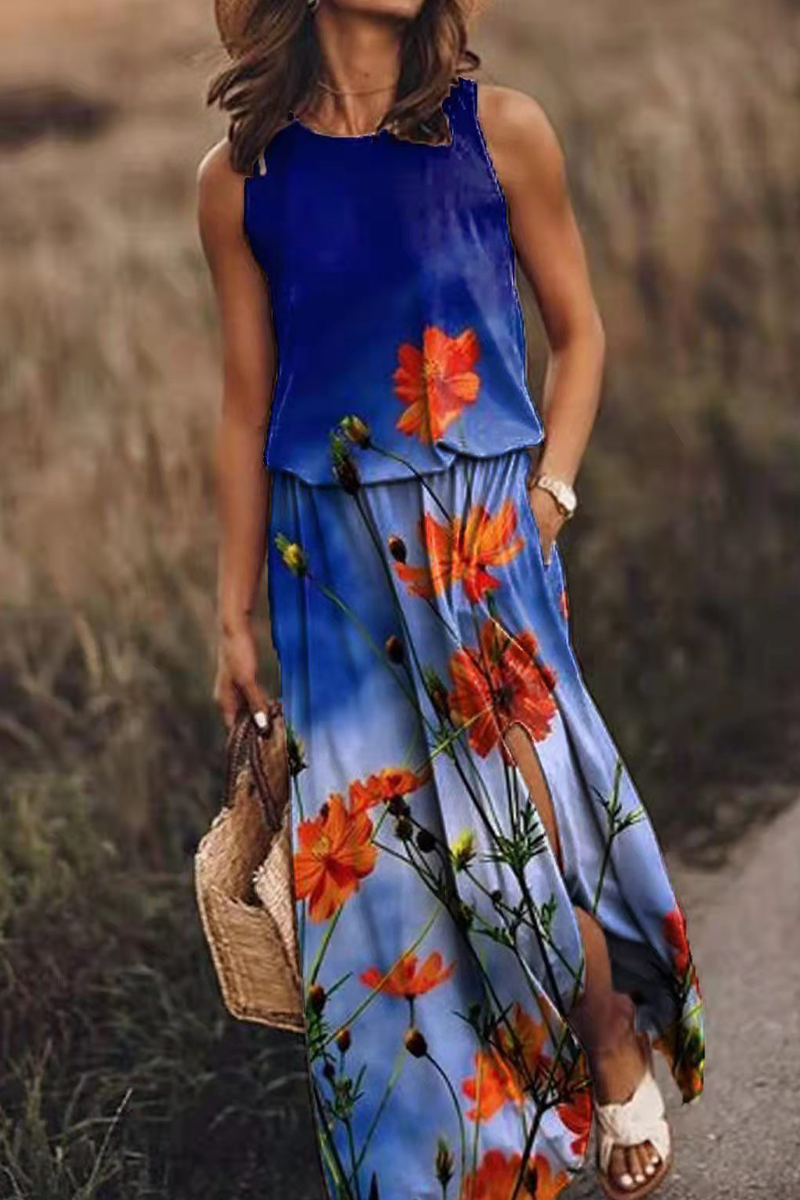 Fashion Print Patchwork O Neck Straight Dresses