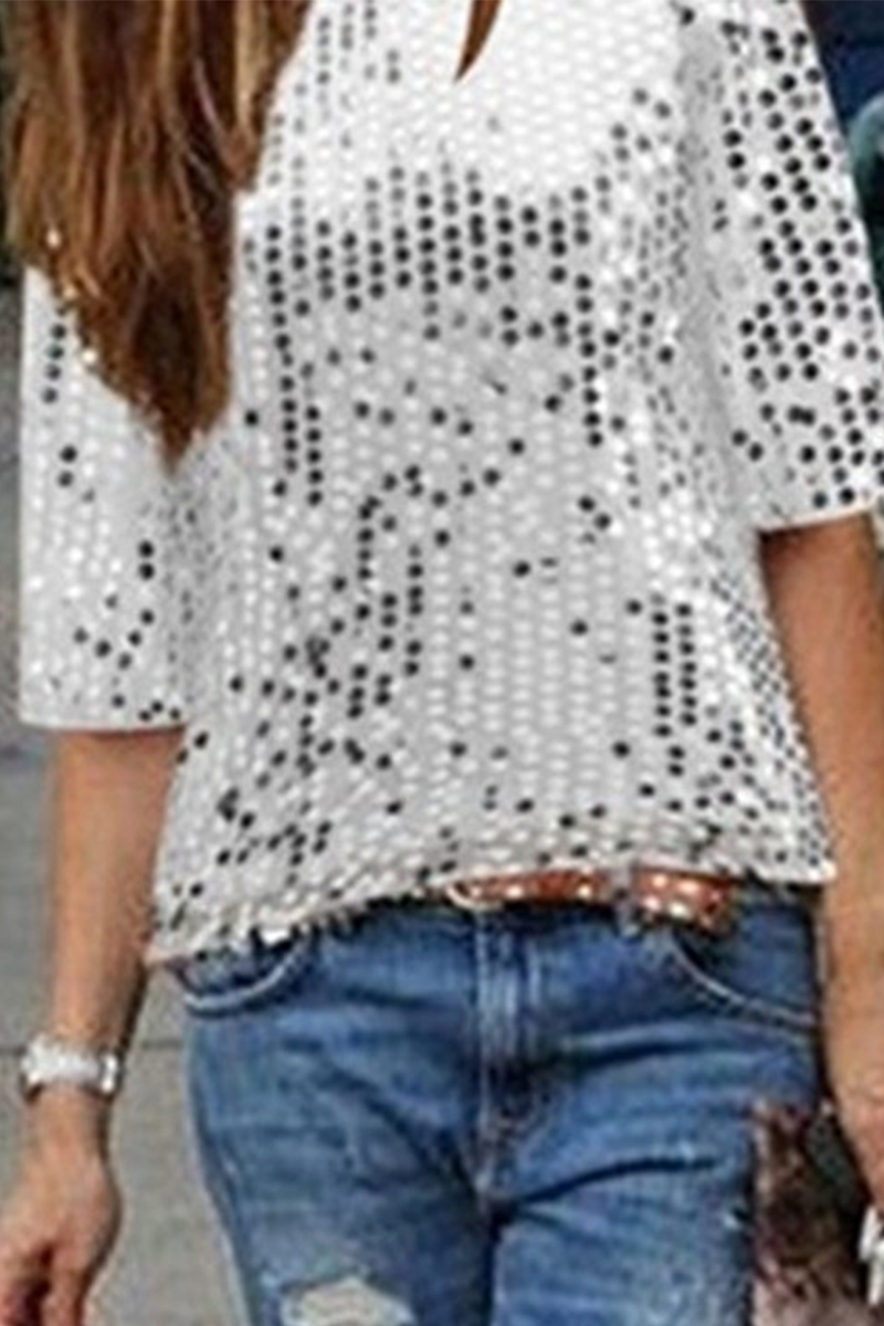 Fashion Patchwork Sequins O Neck T-Shirts(4 colors)