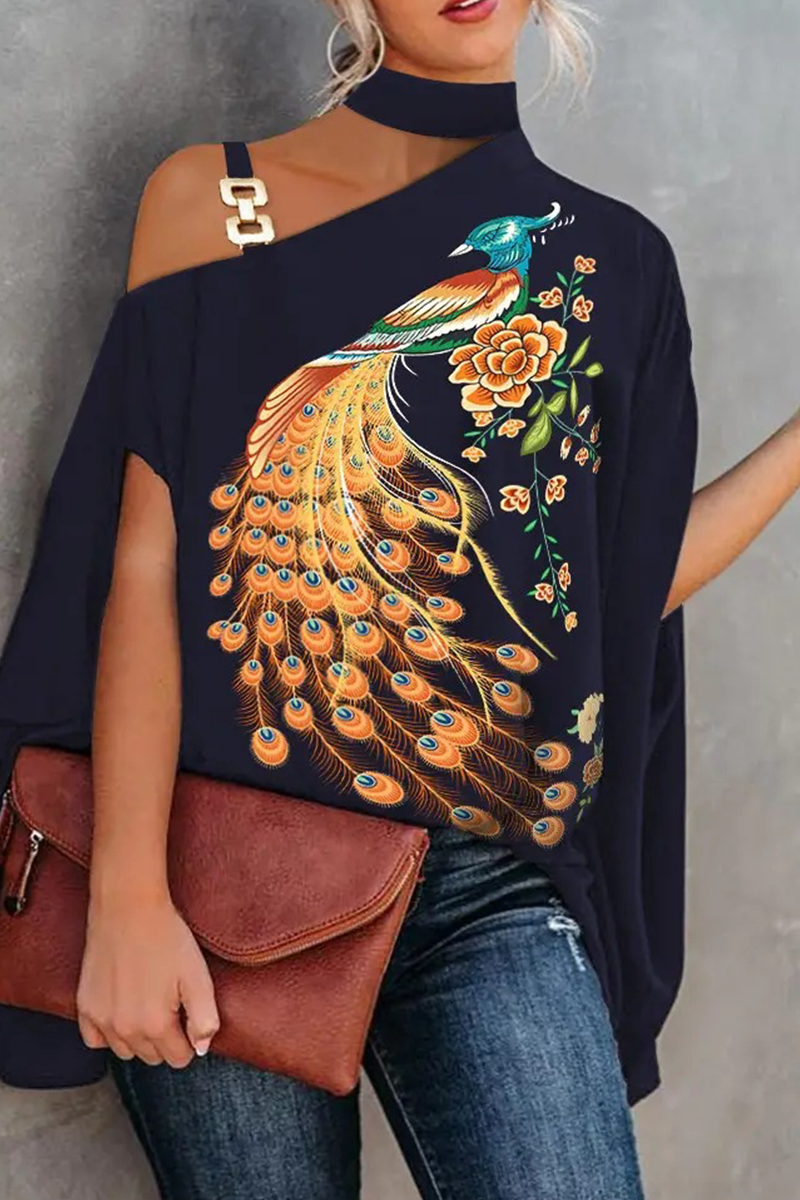 Fashion Print Patchwork One Shoulder Tops(5 Colors)