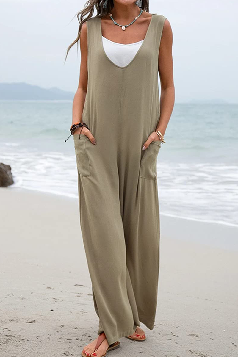 Casual Solid Patchwork U Neck Straight Jumpsuits(5 colors)