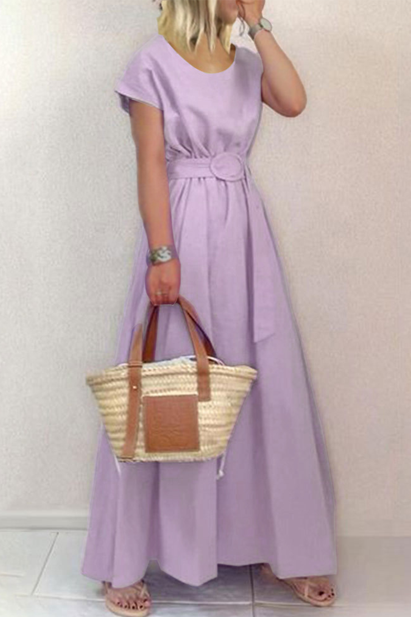 Fashion Solid Patchwork O Neck Waist Skirt Dresses