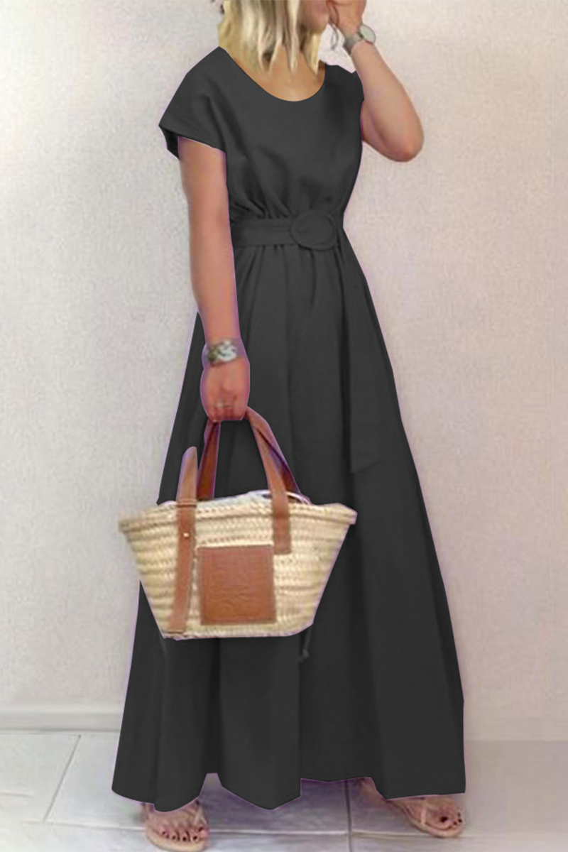 Fashion Solid Patchwork O Neck Waist Skirt Dresses