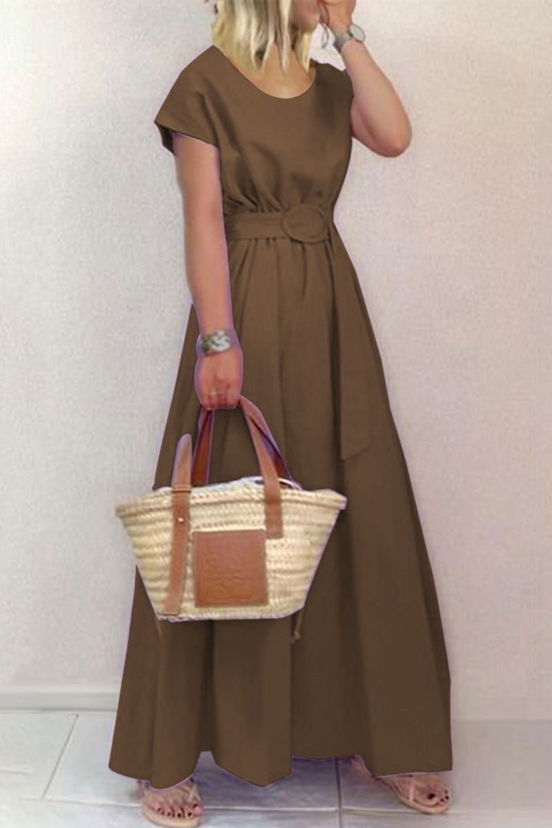 Fashion Solid Patchwork O Neck Waist Skirt Dresses