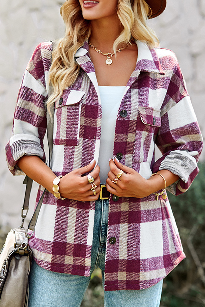 Casual Plaid Patchwork Turndown Collar Tops(4 colors)