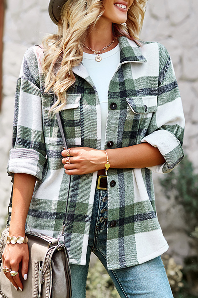 Casual Plaid Patchwork Turndown Collar Tops(4 colors)