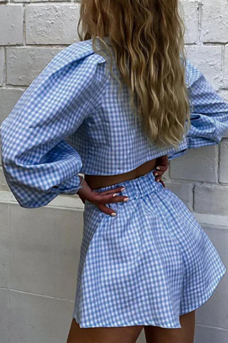 Fashion Plaid Patchwork Turndown Collar Long Sleeve Two Pieces(3 colors)