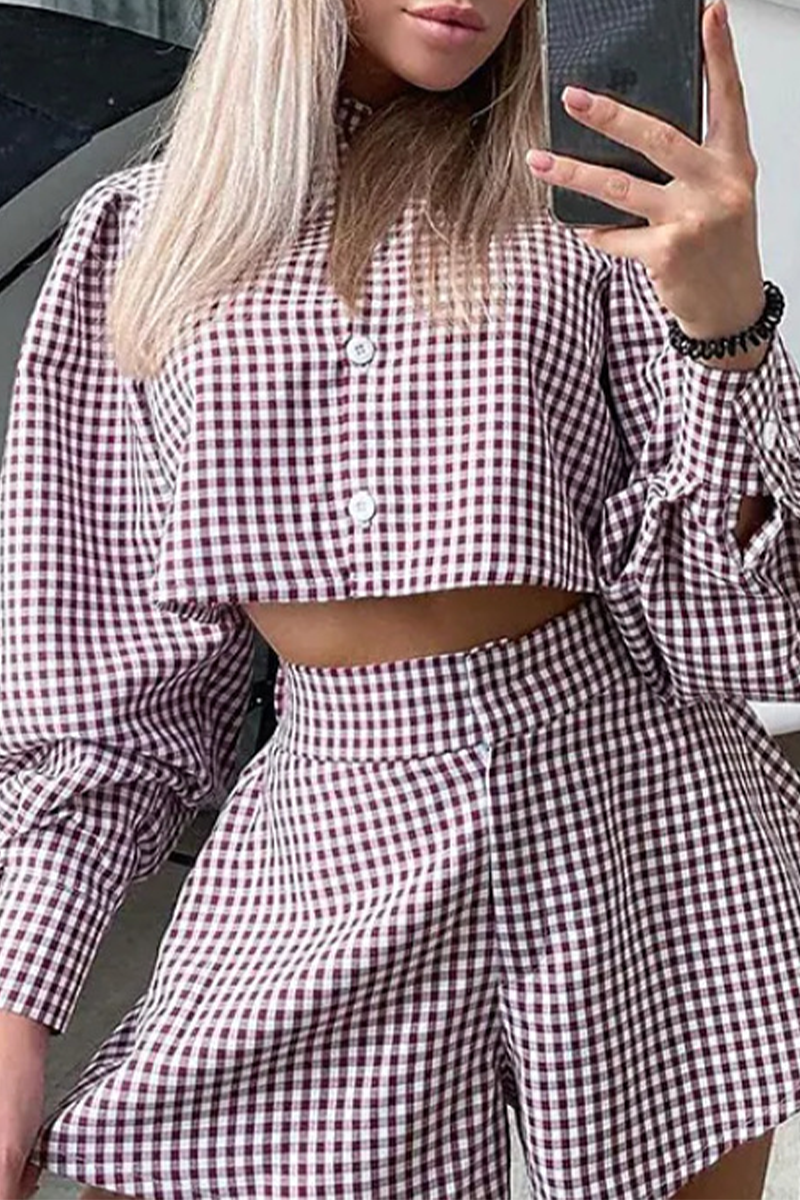 Fashion Plaid Patchwork Turndown Collar Long Sleeve Two Pieces(3 colors)