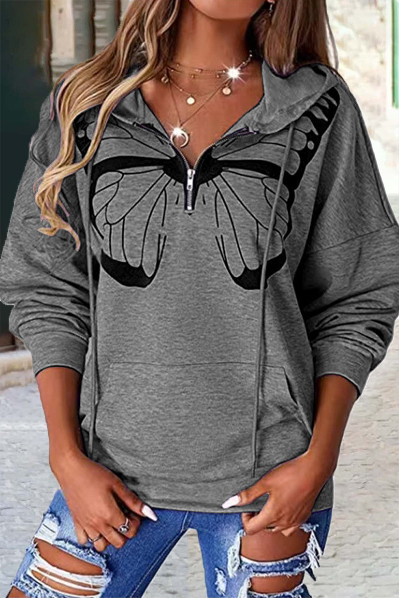 Fashion Casual Print Patchwork Hooded Collar Tops(6 colors)