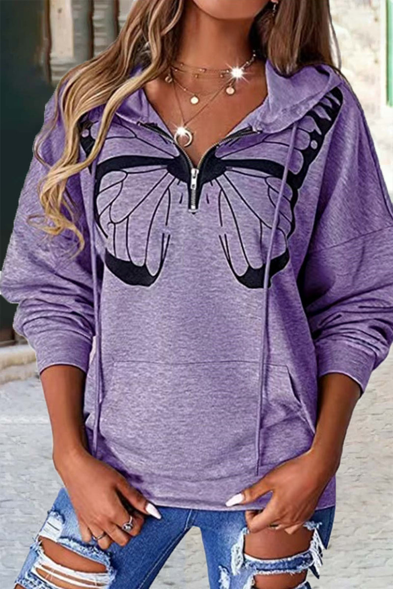 Fashion Casual Print Patchwork Hooded Collar Tops(6 colors)