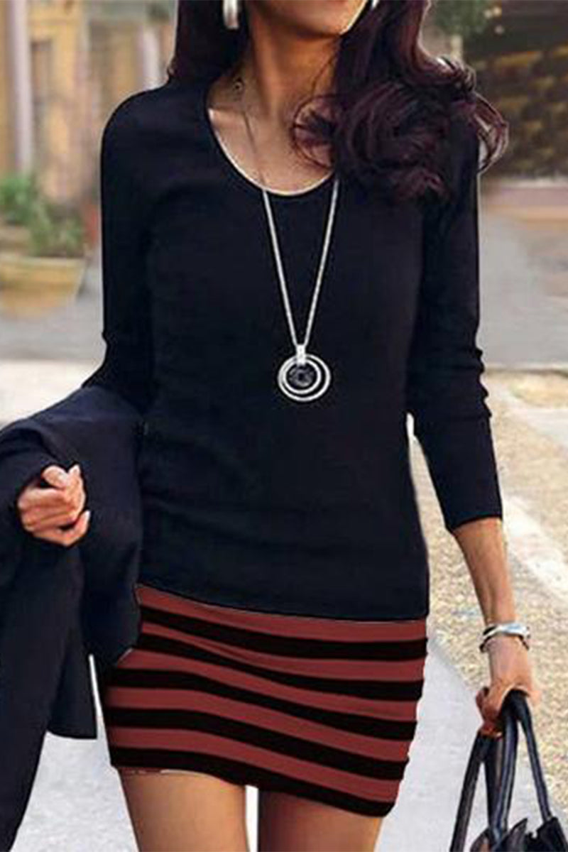 Fashion Casual Striped Print Patchwork O Neck A Line Dresses(5 Colors)