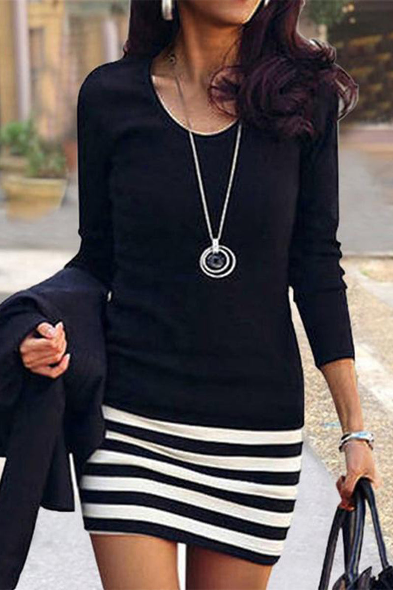 Fashion Casual Striped Print Patchwork O Neck A Line Dresses(5 Colors)