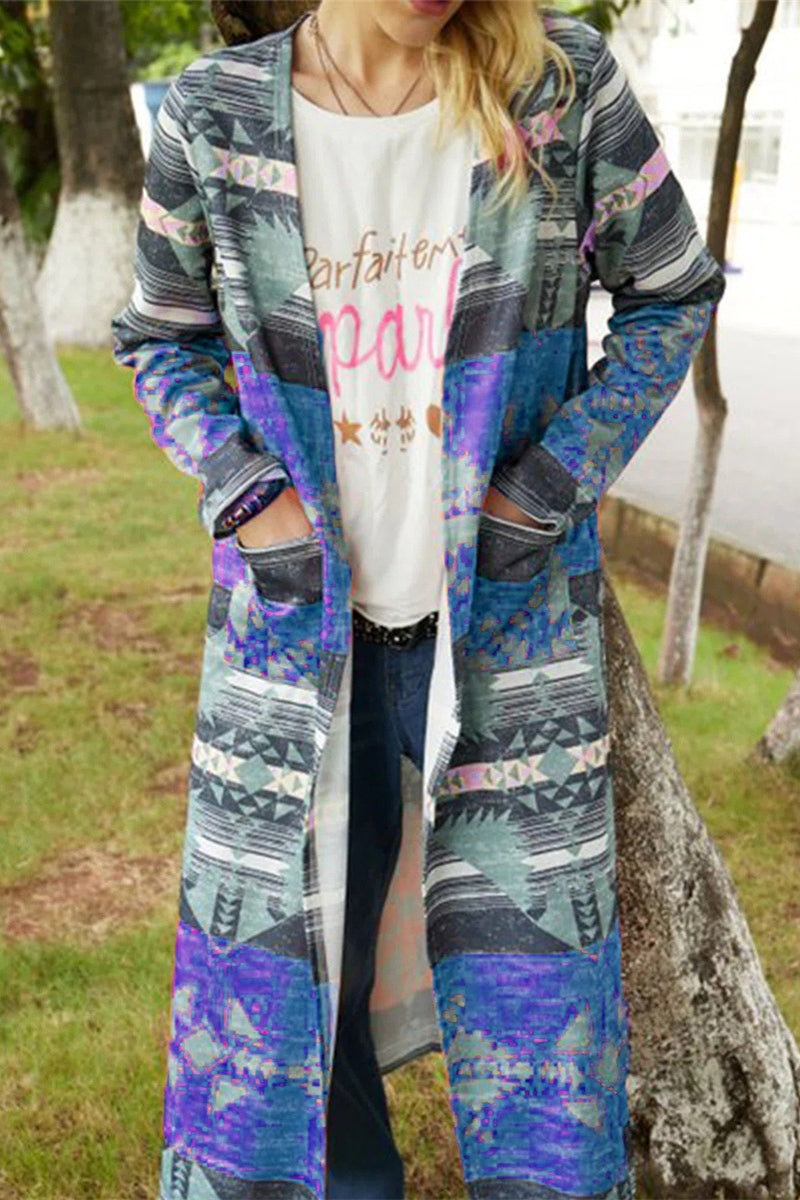 Fashion Geometric Patchwork Asymmetrical Printing Turn-back Collar Outerwear