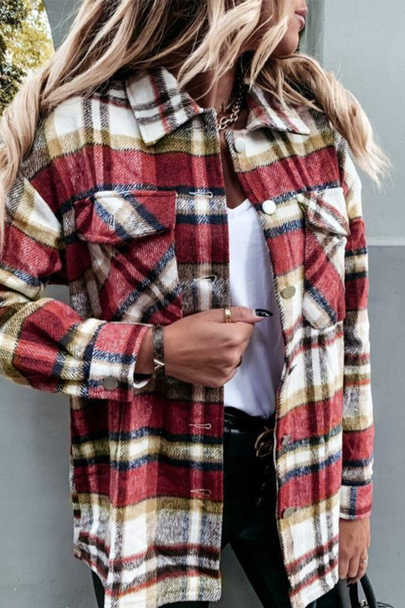 Fashion Casual Plaid Patchwork Turndown Collar Tops(3 Colors)