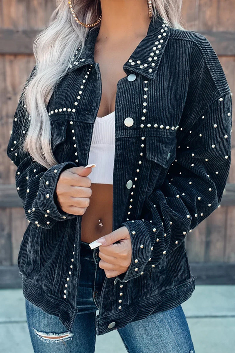 Casual Solid Rivets Turndown Collar Outerwear