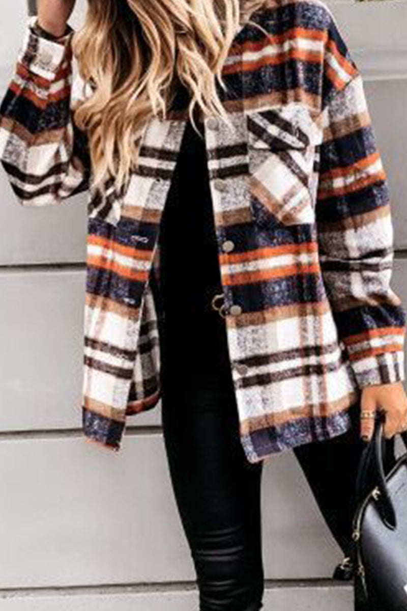 Elegant Plaid Printing Turndown Collar Tops