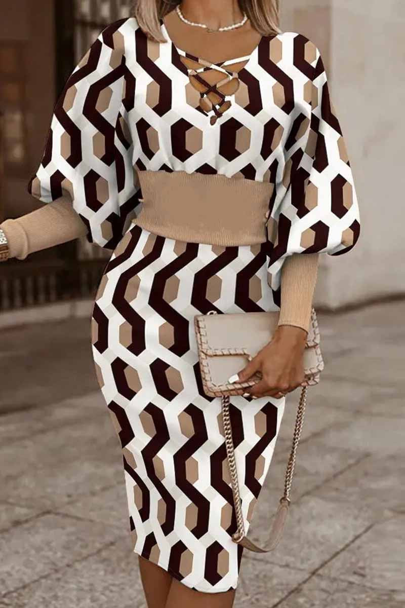 Casual Print Patchwork V Neck Long Sleeve Dresses