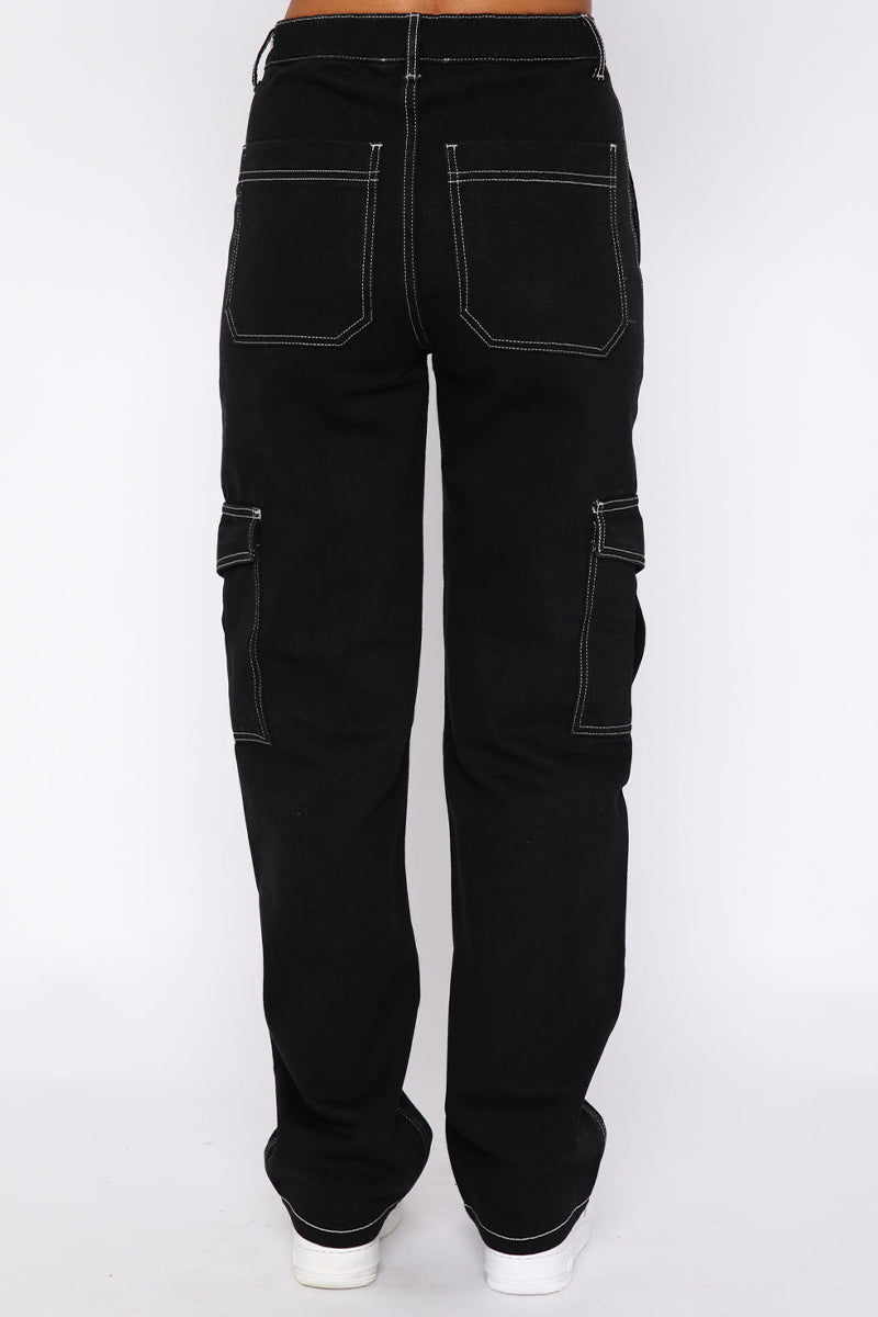 Street Solid Pocket Straight Mid Waist Straight Patchwork Bottoms