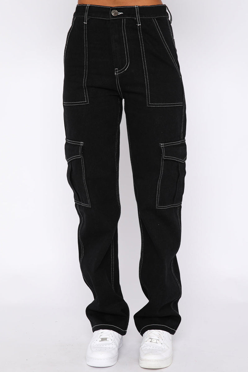 Street Solid Pocket Straight Mid Waist Straight Patchwork Bottoms