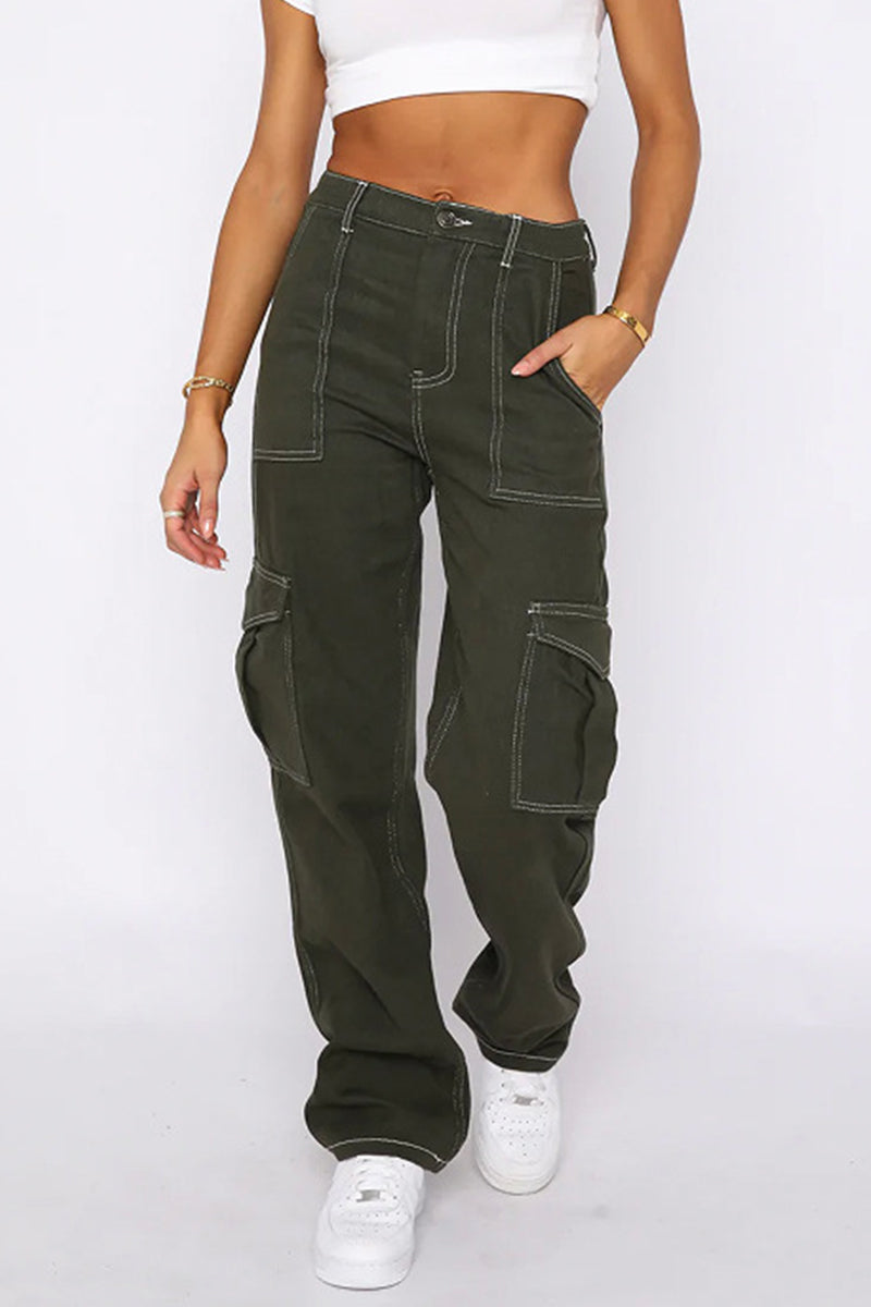 Street Solid Pocket Straight Mid Waist Straight Patchwork Bottoms