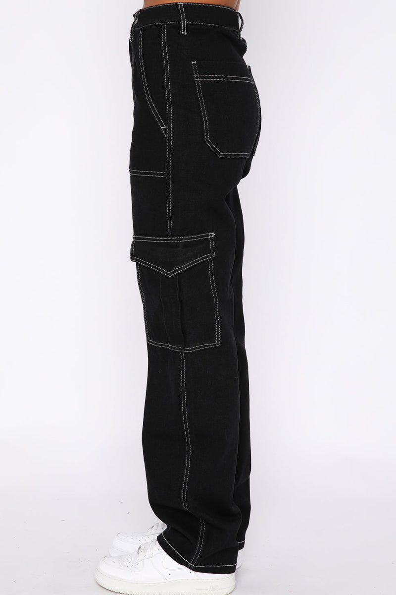 Street Solid Pocket Straight Mid Waist Straight Patchwork Bottoms