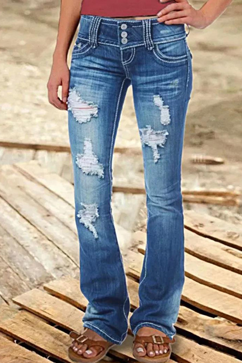 Street Patchwork Ripped High Waist Boot Cut Denim Jeans(8 Colors)