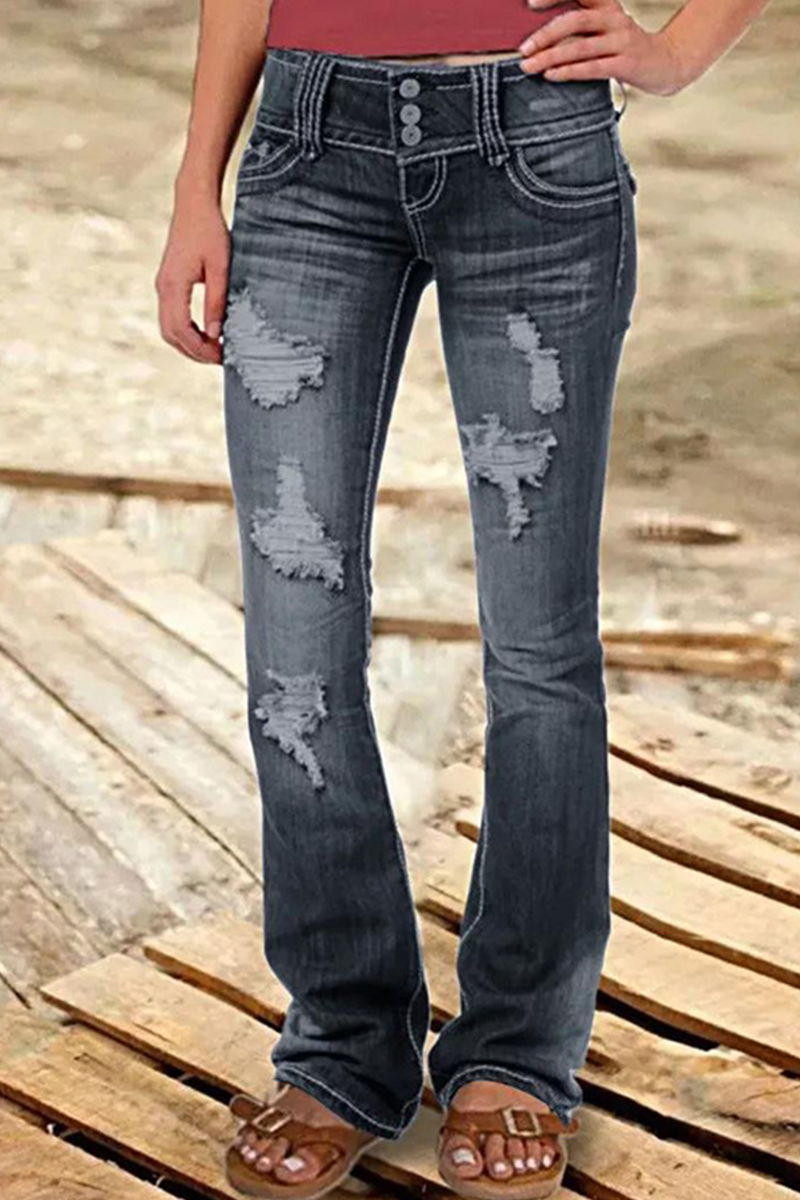 Street Patchwork Ripped High Waist Boot Cut Denim Jeans(8 Colors)