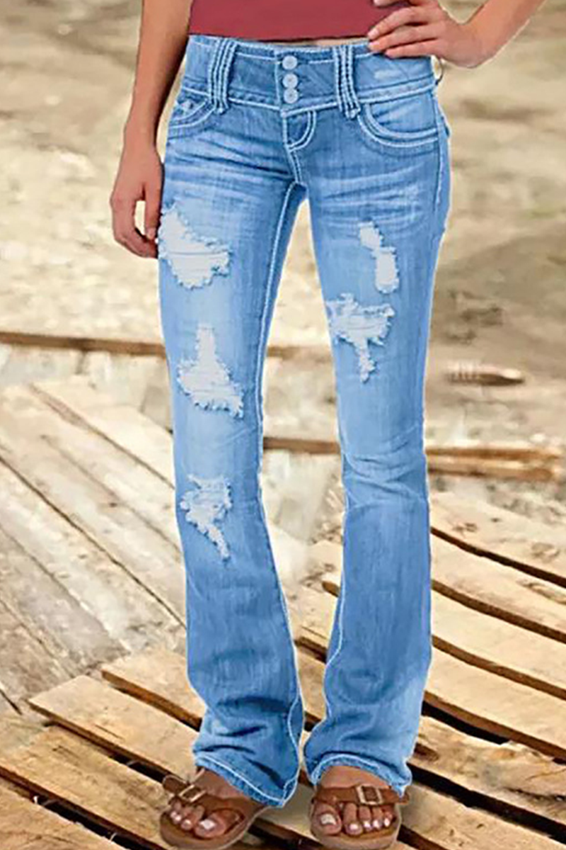 Street Patchwork Ripped High Waist Boot Cut Denim Jeans(8 Colors)