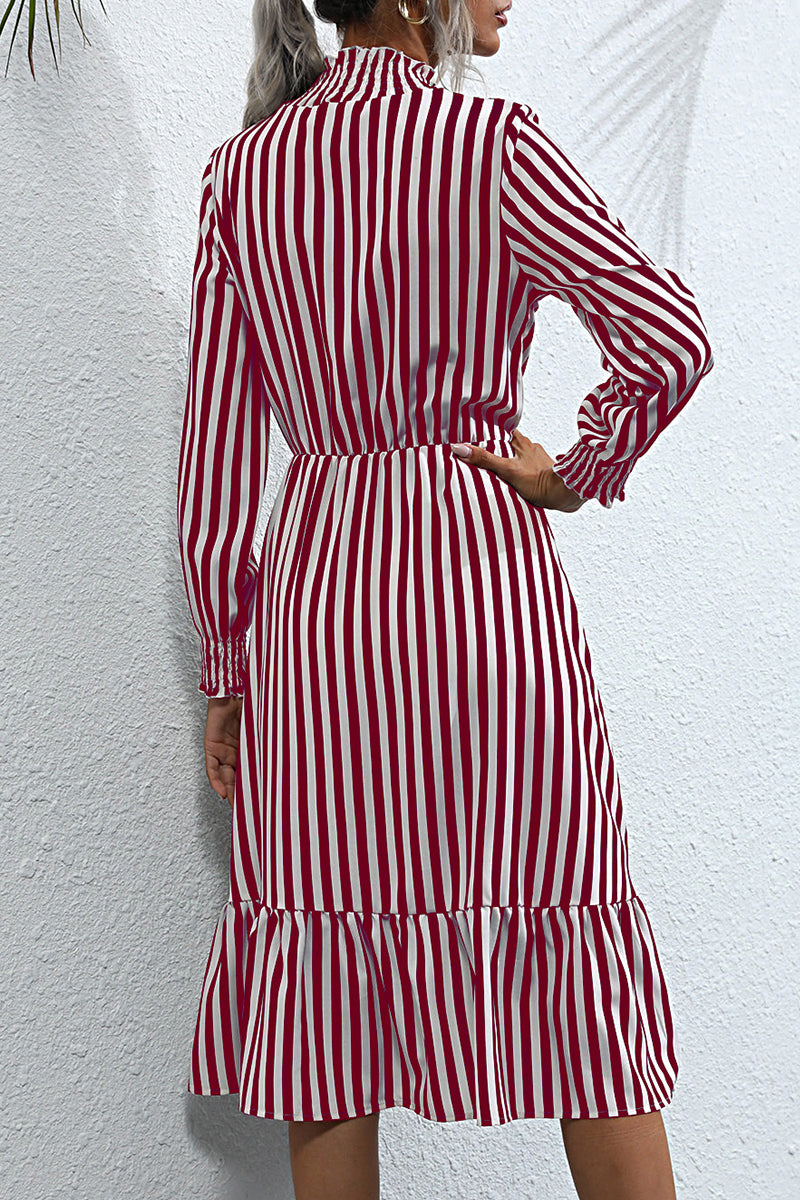 Sweet Elegant Striped Printing Stringy Selvedge Turtleneck A Line Dresses(4 Colors)