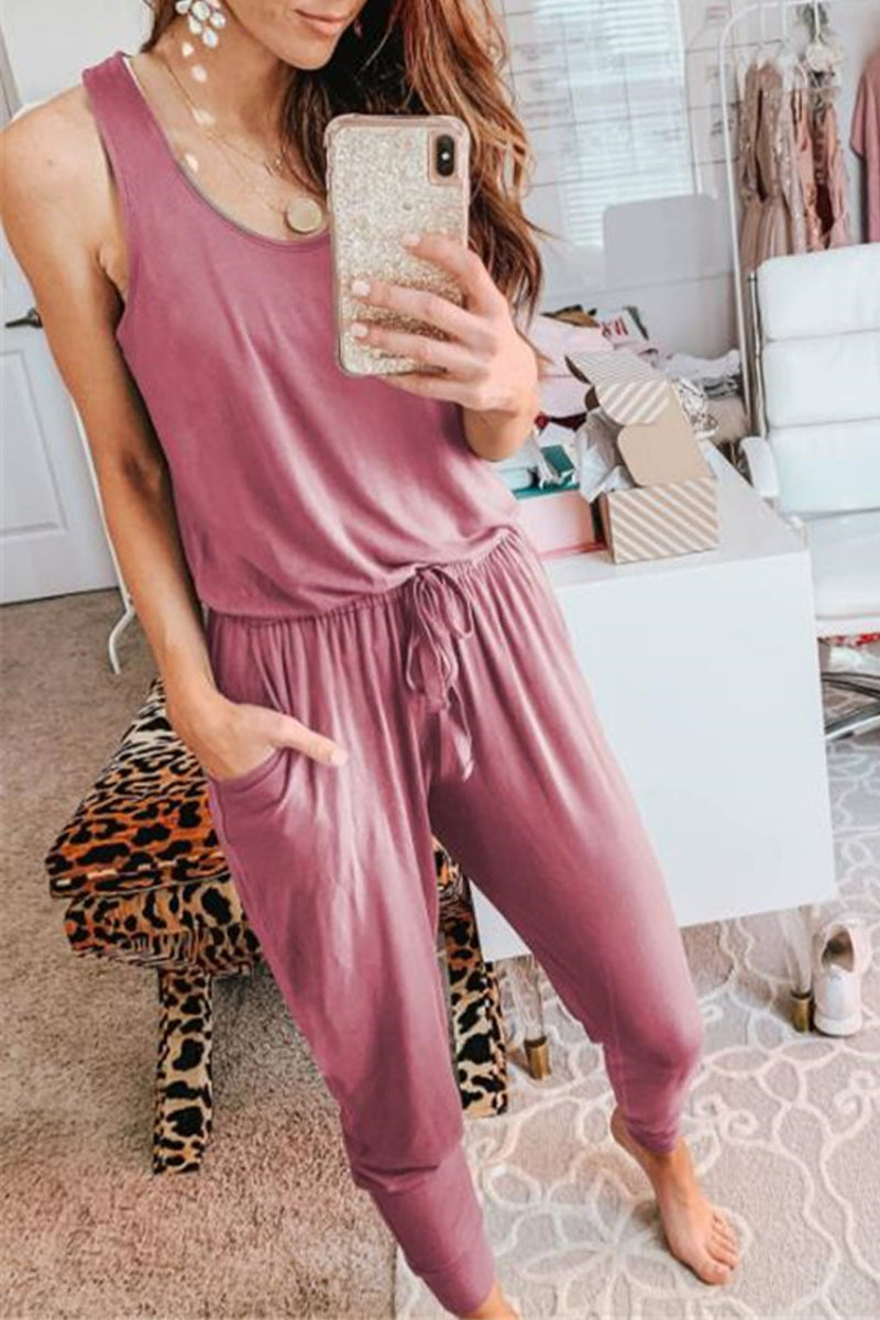 Casual Solid Patchwork Frenulum U Neck Jumpsuits