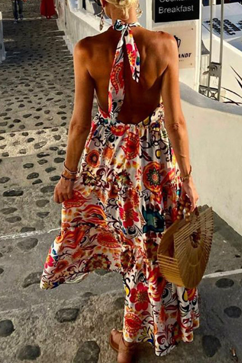 Sexy Vacation Print Backless Printing Halter Beach Dresses