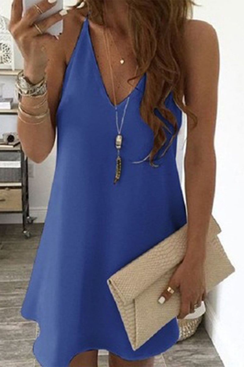 Sweet Solid Solid Color V Neck Sling Dress Dresses(4 Colors)