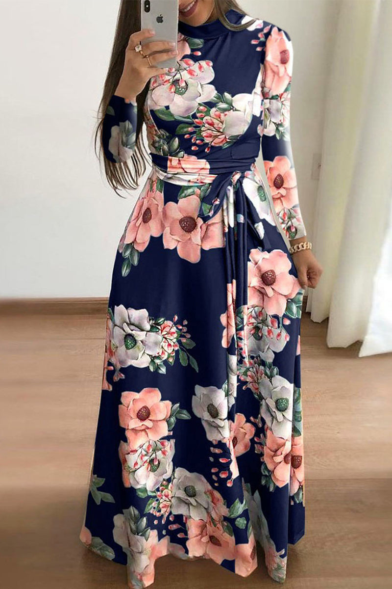 Elegant Print Patchwork Mandarin Collar Asymmetrical Dresses(3 Colors)