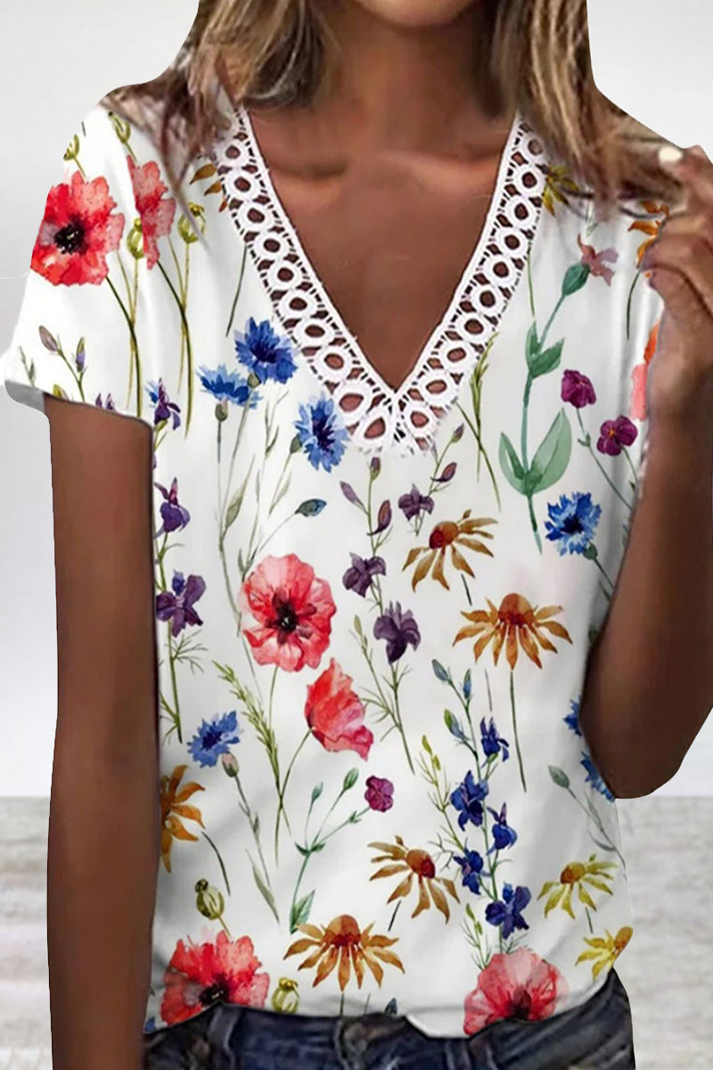 Work Elegant Floral Patchwork V Neck T-Shirts