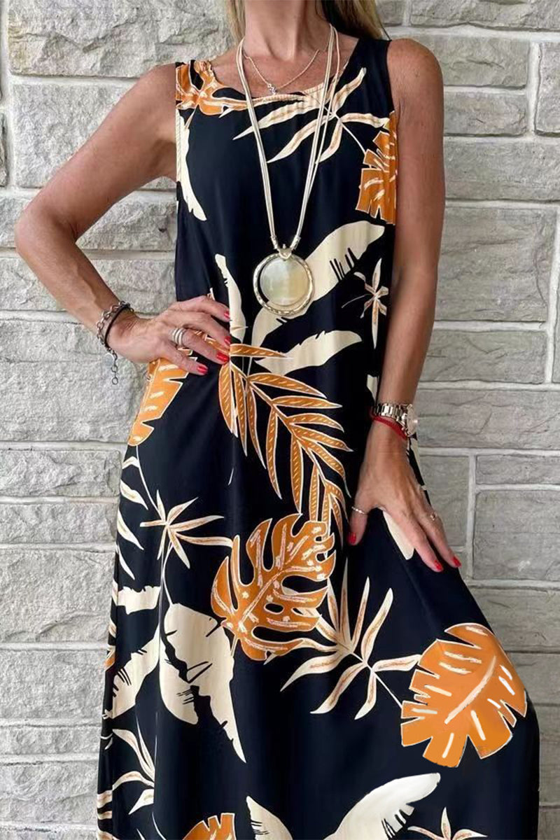 Casual Vacation Floral O Neck Printed Dress Dresses(4 Colors)