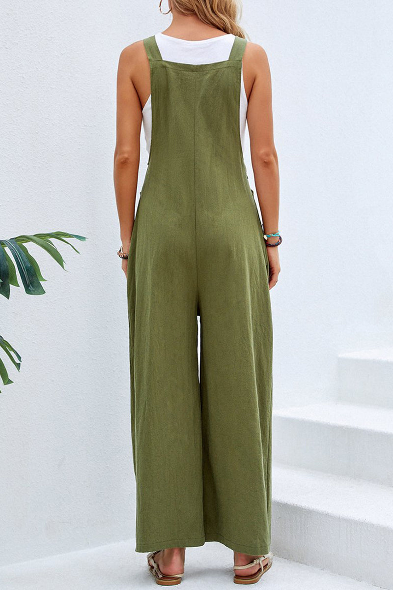 Casual Vacation Solid Buttons Square Collar Loose Jumpsuits(10 Colors)