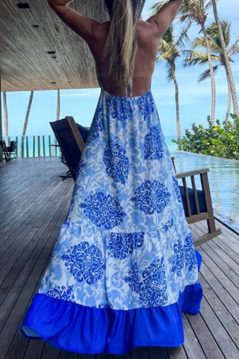 Sexy Vacation Print Backless V Neck Beach Dress Dresses(3 Colors)