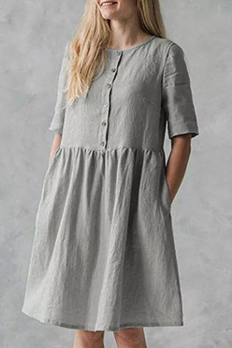 Casual Street Solid Pocket Buckle O Neck A Line Short Sleeve Dress