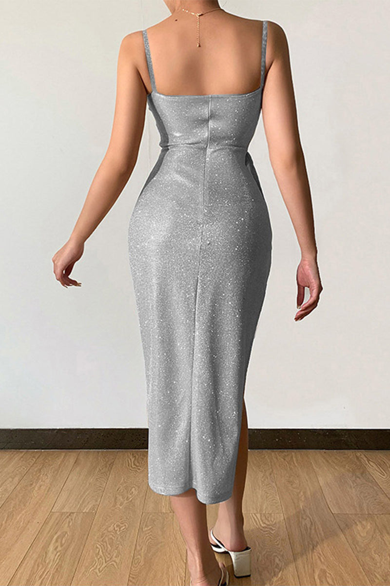 Sexy Elegant Solid Sequins Sequined V Neck Sling Dress Dresses