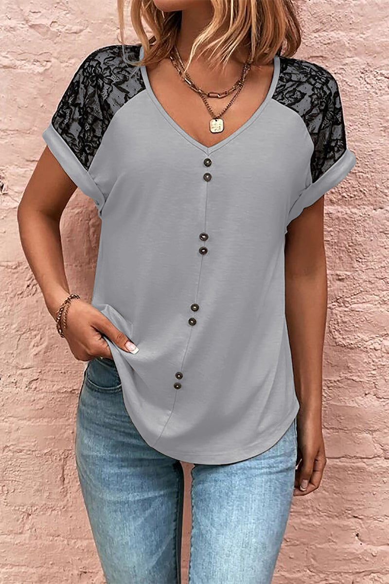 Print Lace Buttons V Neck T-Shirts(5 Colors)