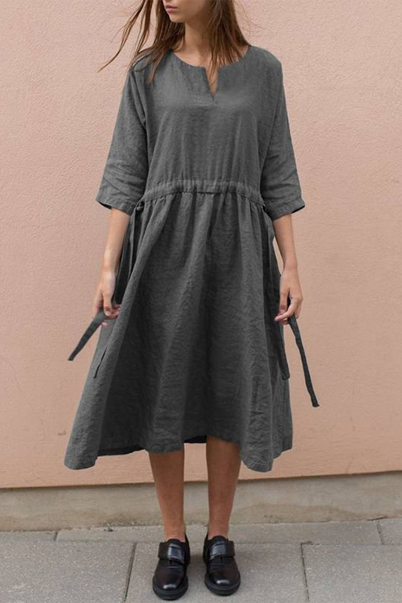 Casual Simplicity Solid Pocket O Neck Waist Skirt Dresses(4 Colors)