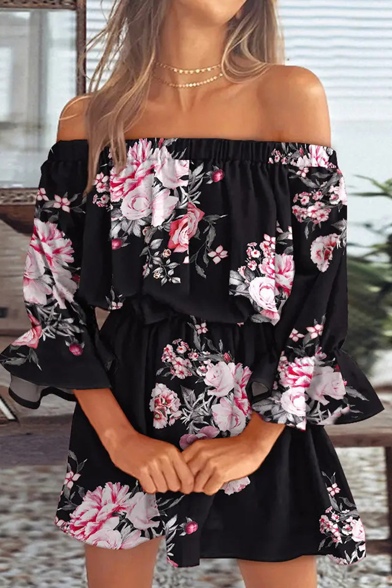 Elegant Vacation Print Patchwork Off the Shoulder Cake Skirt Dresses