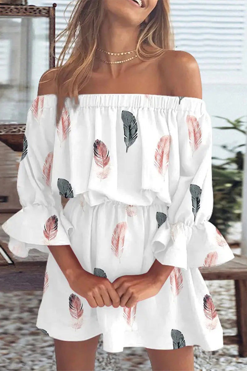 Elegant Vacation Print Patchwork Off the Shoulder Cake Skirt Dresses