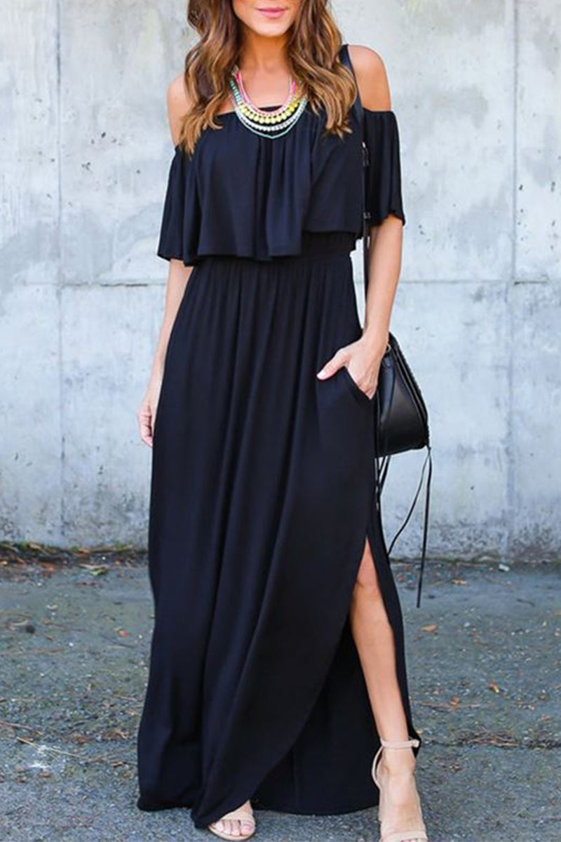 Sexy Casual Solid Pocket Flounce Off the Shoulder A Line Dresses