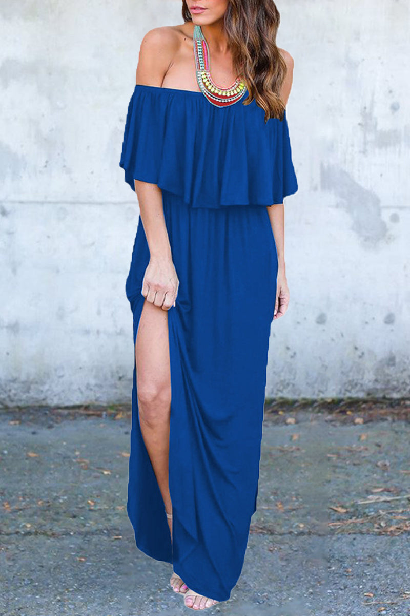 Sexy Casual Solid Pocket Flounce Off the Shoulder A Line Dresses