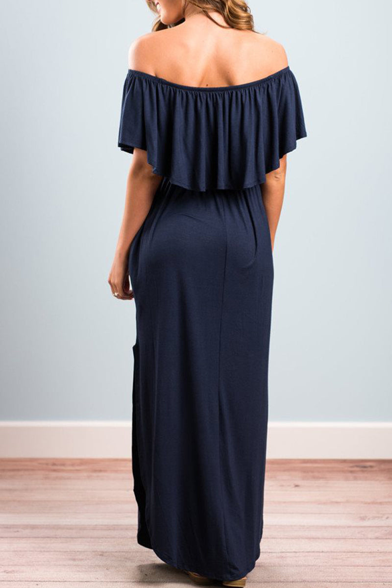 Sexy Casual Solid Pocket Flounce Off the Shoulder A Line Dresses