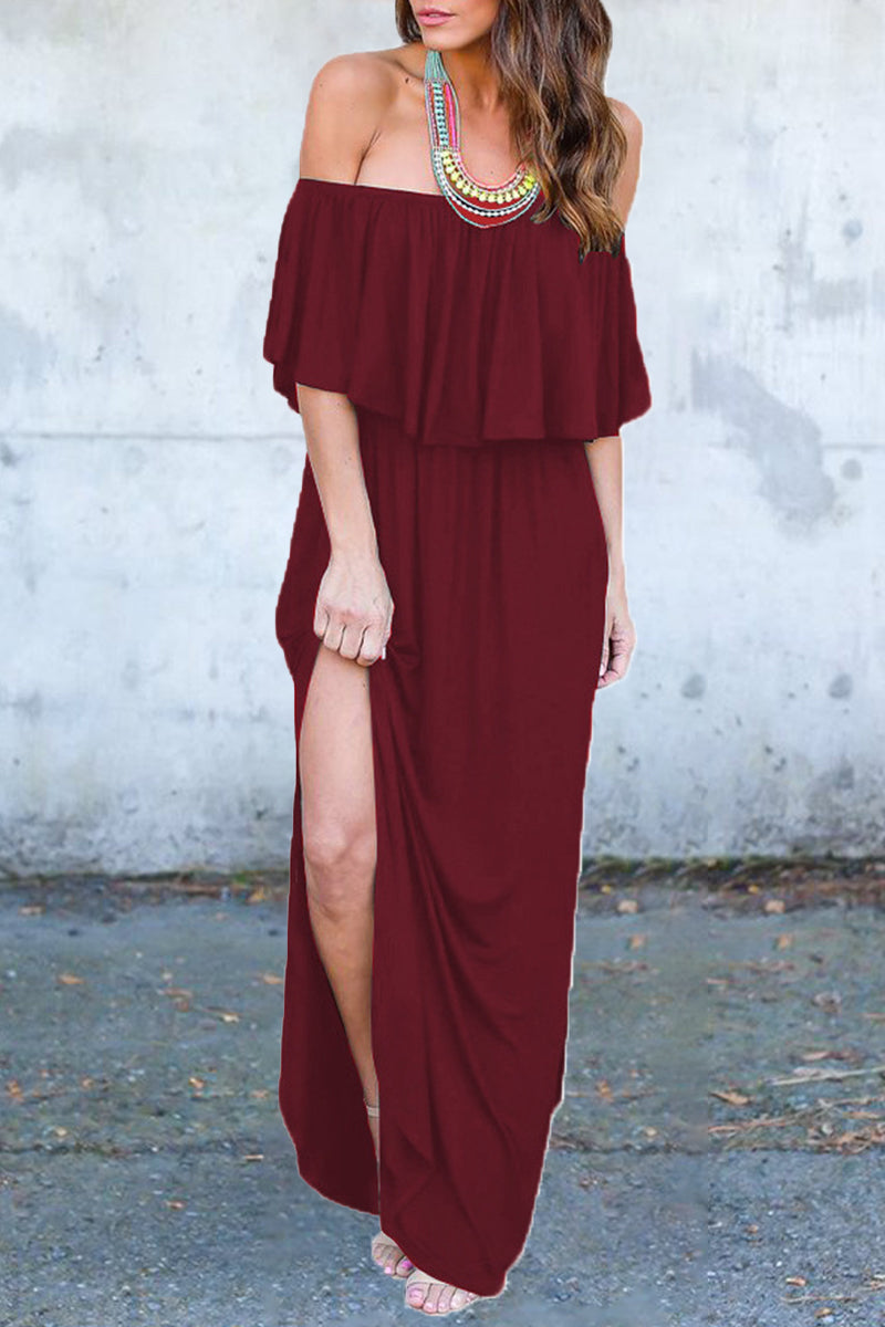 Sexy Casual Solid Pocket Flounce Off the Shoulder A Line Dresses