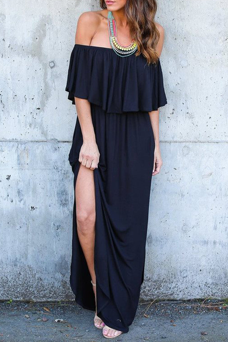 Sexy Casual Solid Pocket Flounce Off the Shoulder A Line Dresses