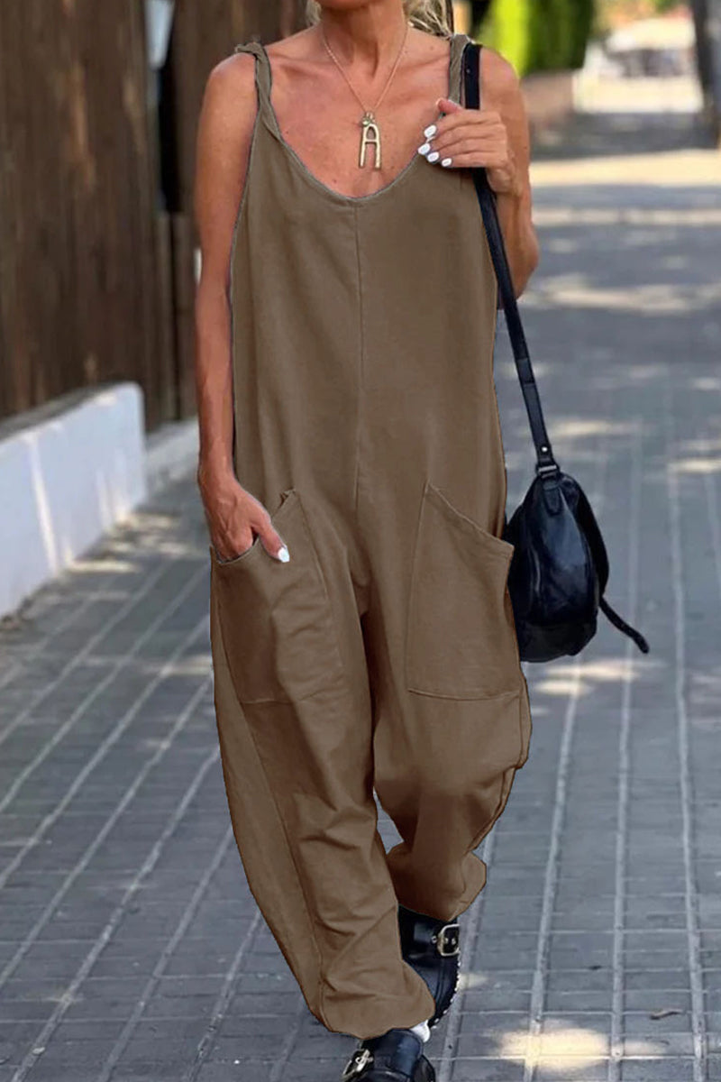 Casual Simplicity Solid Pocket U Neck Loose Jumpsuits(12 Colors)